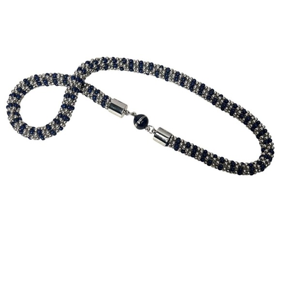 Talbots Seed Bead Necklace Navy Silver Tone Twist Rope Choker 18" Magnet Clasp - Picture 5 of 8